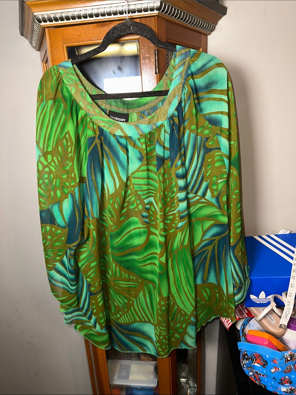 Lane Bryant Green & Teal Tropical Print Peasant Blouse View 3